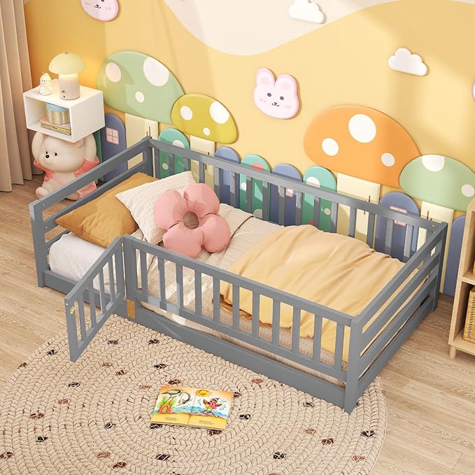Giantex Twin Floor Bed with High Fence & Door, Montessori Floor Bed with 21.5" Safety Guardrails, Solid Wood Twin Beds Frame for Kids Girls, Boys, Without Slats, Grey