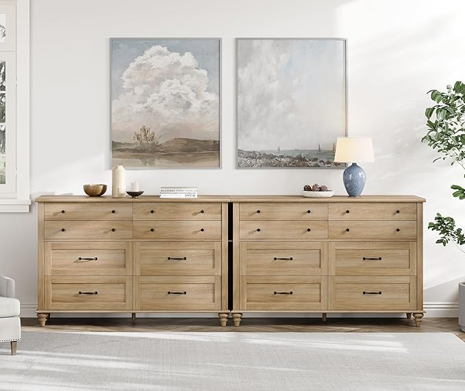 WAMPAT 2-in-1 Baby Dresser with 16 Drawers for Kids Room, Farmhouse Kids Dresser Wooden Double Dresser for Bedroom, Large 8 Drawer Dresser Set Organizer for Children’s Bedroom, Nursery Furniture