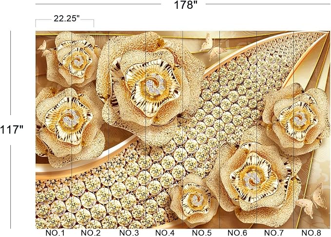 Golden Jewelry Diamond Rose Butterfly Wall Mural Wallpaper for Bedroom 178" x 117"