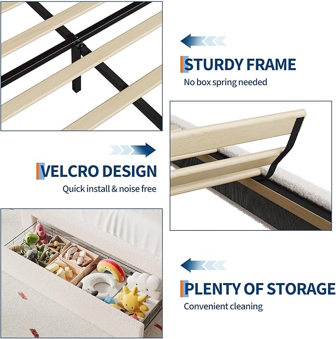 IDEALHOUSE Full Bed Frame with LED Headboard and Under-Bed Drawer, Metal Upholstered Platform Bed with LED Light for Kids, Girls, Lamb Fleece Fabric, Wooden Slats Support, No Box Spring Needed, White