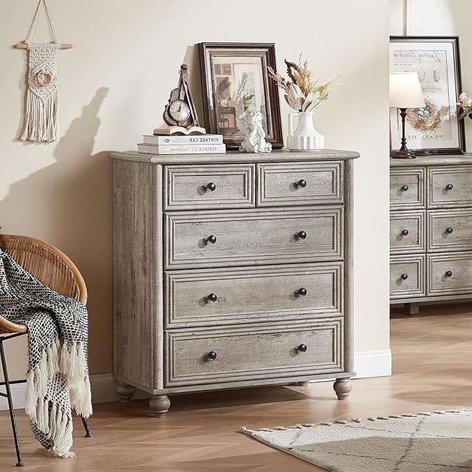 Farmhouse 5 Drawer Dresser for Bedroom Set of 2, 35.5" Tall Small Dressers & Chest of Drawers, Rustic Wood Dresser with Roman Column, Storage Organizer for Living Room, Hallway, Closet (Grey)