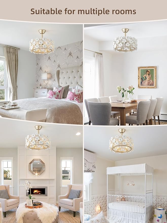 20" Gold Fandelier Ceiling Fan with Light, Caged Flower Chandelier Ceiling Fans with Lights Remote Control, Mid-Century Modern with 6 Speeds for Bedroom, Nursery