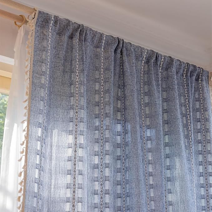Deeprove Denim Blue Boho Curtain 84 inches Length for Bedroom Dining Room, Western French Bohemian Sheer 84 inches Long Stripe Embroidery Privacy Window Tassel Cottagecore W52 x L84, 1 Panel