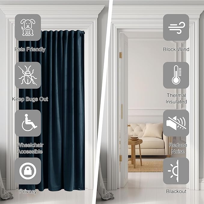 StangH Navy Blue Doorway Curtain 80 inches Long Super Soft Velvet Thermal Insulated Room Divider Blackout Privacy Protect Drapes for Bedroom Sliding Door Closet, W42 x L80, 1 Panel