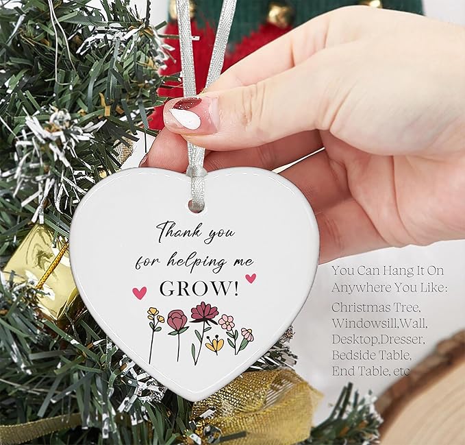 Heart Shaped Christmas Ornament-Teacher Appreciation Gift-Thank You Present for Teachers Mentor Educator-Teachers Week End of School Decor Keepsake-Ceramic Ornament Display for Classroom Gratitude