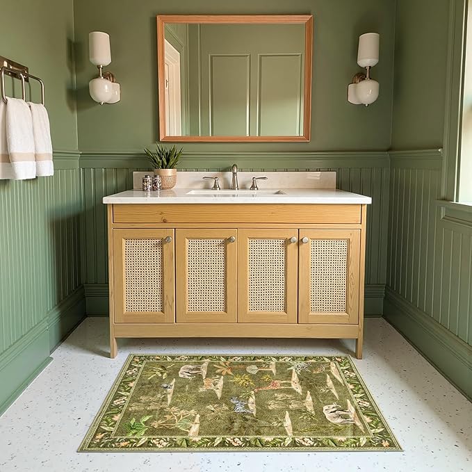 jinchan 2x3 Green Jungle Rug for Entryway Washable Throw Rug Animals Print Kitchen Mat Indoor Doormat Ultra-Thin Low-Pile Non-Slip Soft Botanical Christmas Carpet for Bedroom Entrance (2'x3', Green)