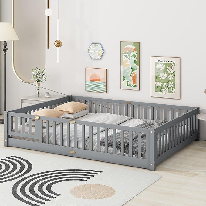 Queen Size Floor Bed for Kids, Wood Montessori Floor Beds with Fence Railings, Door & Slats Support, Queen Playhouse Bed Frame for Boys Girls, No Box Spring Needed, Gray