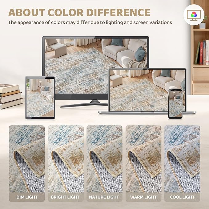 Area Rug for Living Room: 10x14 Washable Neutral Abstract Modern Soft Rugs Non Slip Indoor Floor Stain Resistant Large Carpet for Bedroom Dining Room Office Nursery - Blue Brown