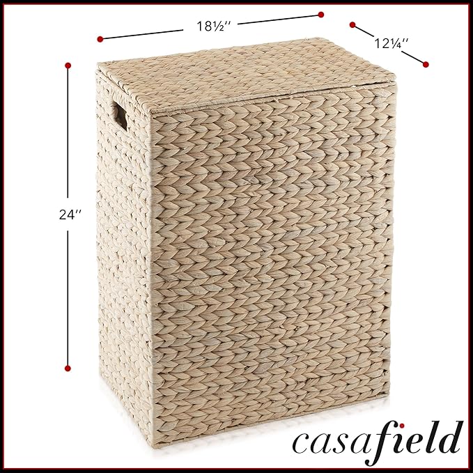 Casafield Large Laundry Hamper with Lid and Removable Liner Bag - Whitewash, Woven Water Hyacinth Rectangular Laundry Basket Sorter for Clothes Towels