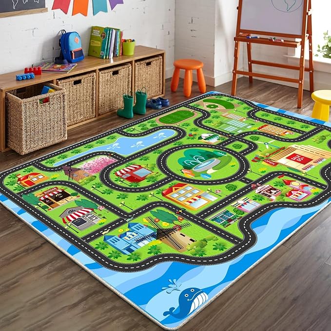 Car Rug,Kids Play Rug with Roads,Playroom Non Slip Car Track City Map for Bedroom Classroom - (59X39.4 Inches)