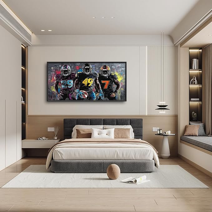 Large Football Wall Art for Living Room, Framed Oversized Graffiti Sport Wall Decor Cool Canvas Painting Pictures for Men Modern Artwork for Living Room Bathroom Bedroom Office Dining Room 60"x30"