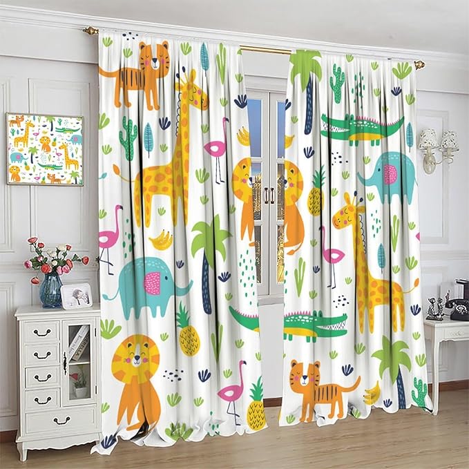 Kids Animals Blackout Curtains Cartoon Cute Abstract Fun Tropical Animals Art Printed for Children Girls Boys Bedroom Nursery Rod Pocket Decoration Window Drapes 2 Panels W31.5xL72in