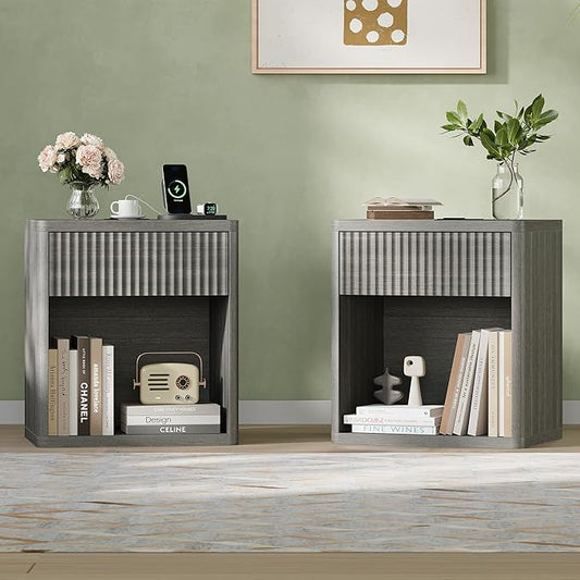Fluted Nightstand Set of 2 with Charging Station, 21.7" Wide Modern Bedside Table with 1 Drawers Open Storage Cabinet, Wooden End Table for Bedroom,Gray