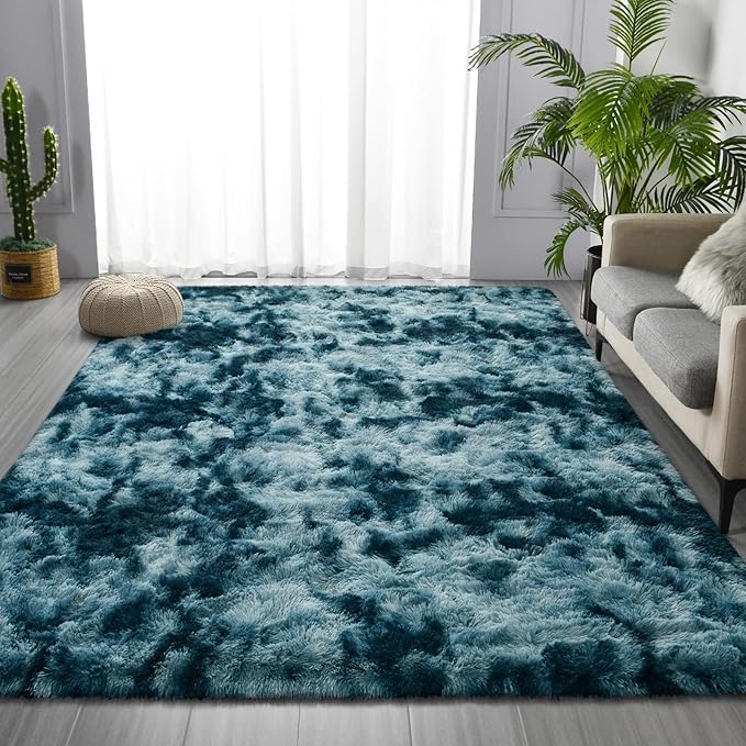 Shag Area Rug, 4 X 6 Tie-Dyed Plush Fuzzy Rugs for Living Room, Ultra Soft Fluffy Furry Rug for Bedroom, Indoor Carpet Nursery Rugs for Kids Room Home Decor, Peacock Blue