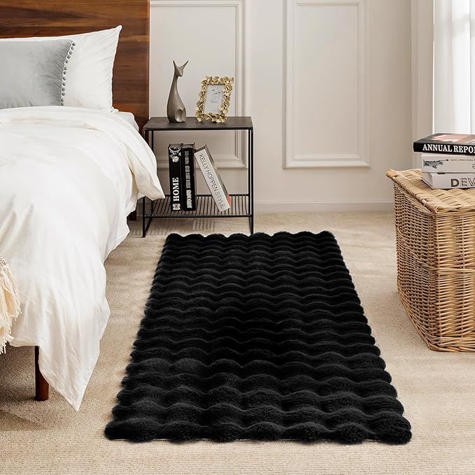 Ashler Faux Rabbit Fur Rug, Black 5x7 FT Fluffy Soft Area Rug, Rectangle Fuzzy Carpet for Living Room, Bedroom, Machine Washable Shaggy Nursery Rug - 3D Bubble Rug