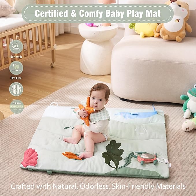 Spirich 9-in-1 Tummy Time Mat, Soft Sensory Mat for Infants, Baby Play Gym Mat with 9 Sensory Toys, Newborn Essentials Shower Gift