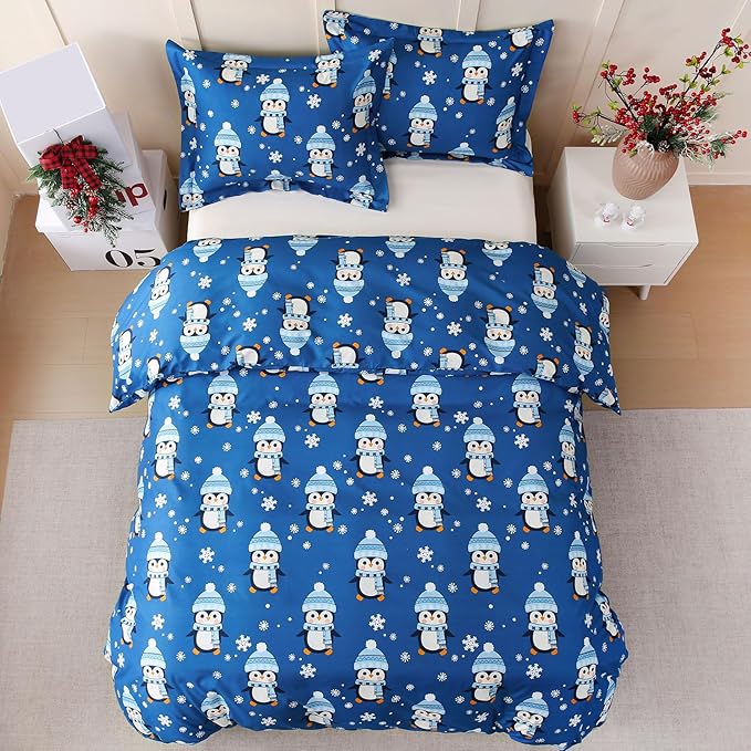 JSD Penguin Snowflakes Kids Christmas Duvet Cover Set Full Size, 3 Piece Xmas Comforter Cover with Pillow Sham Zipper Closure, Comforter Not Included