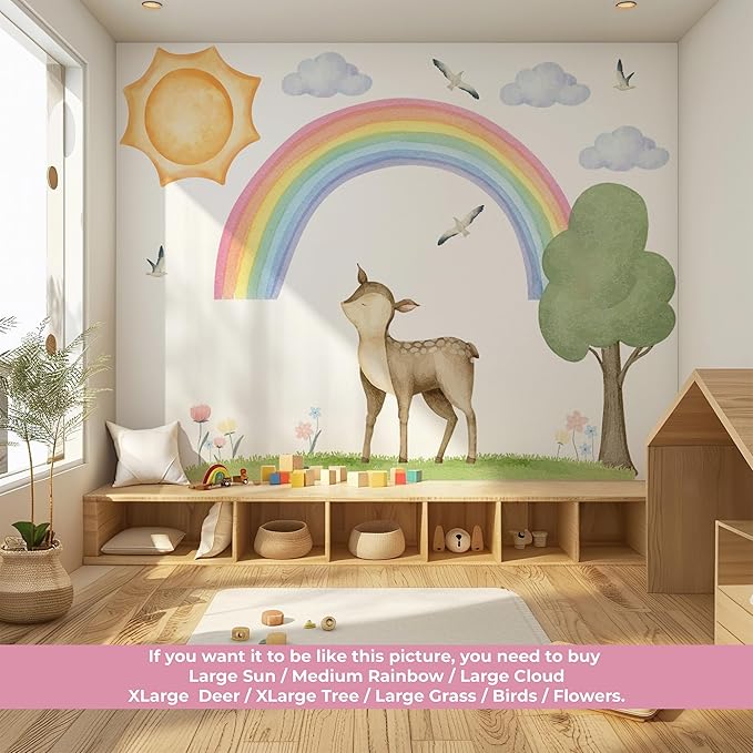 Pastel Boho Rainbow & Woodland Wall Decal Set for Nursery – Watercolor Fawn, Sun, Clouds, Tree, Grass, Birds – Large/XL/XXL