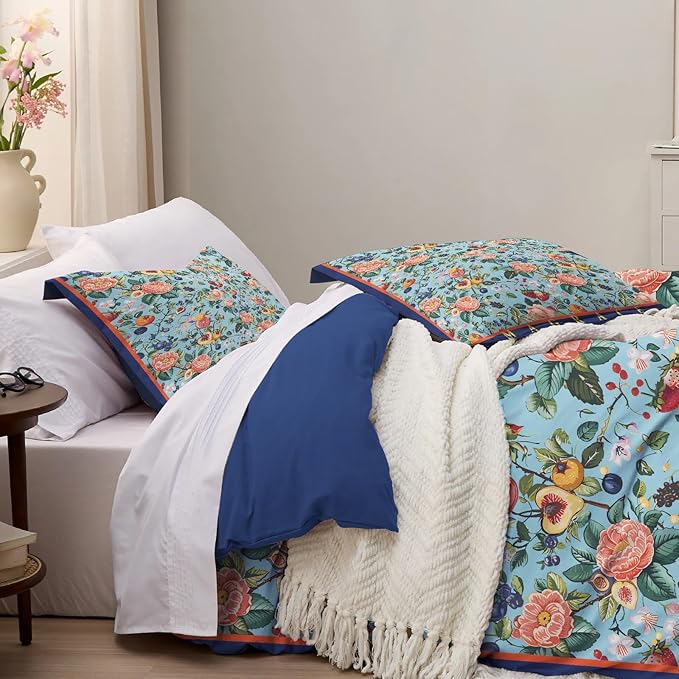 MAGRACE King Duvet Cover Ultra Soft Luxury 100% Cotton Cute Floral Comforter Cover Set, Breathable and Durable, Textured Duvet Cover with Pillow Shams