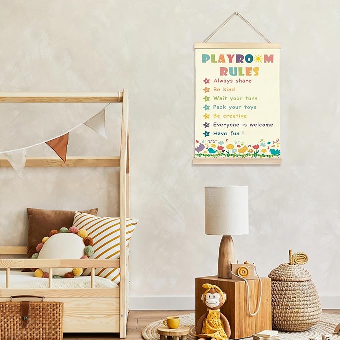 Hiuwevt Boho Playroom Rainbow Poster Hanger Frame, Kids Room Decor, Playroom Rules Colorful Wildflower Wall Art Decor for Toddlers Boys Girls Play Room Nursery Home, 12x16 Inch