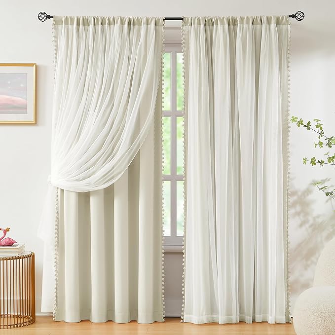 Pom-Pom Blackout Curtains with Sheer Overlay for Bedroom 84"L Ivory Mix and Match Double Layer Blackout Curtains for Living Room Nursery Kid's Room Drapes with Tiebacks Rod Pocket 52" W x2 Natural