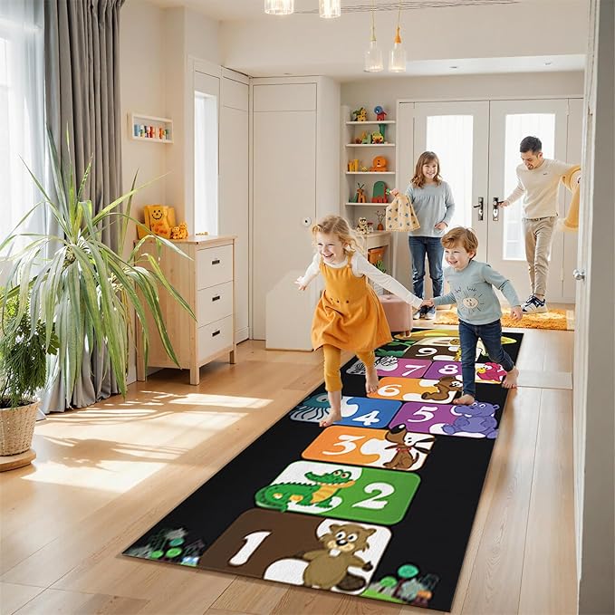 Hopscotch Rug,2.7x8ft ABC Carpet,Children's Play Runner Carpet,Soft,Non-Slip,Durable,for Bedrooms,Living Rooms,Daycare Centers,Nurseries,Playrooms Black