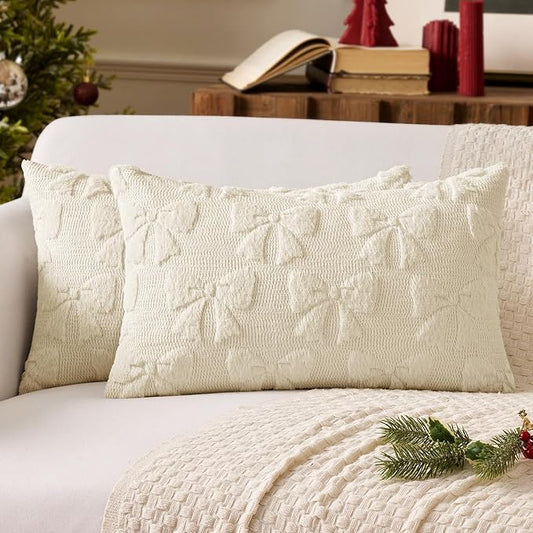 MIULEE Cream White Bow Pillow Covers Christmas Coquette Room Decor Aesthetic Set of 2 Decorative Cute Girl Throw Pillow Soft Plush Faux Pillowcase for Girl Bed Couch Sofa,12x20 Inch