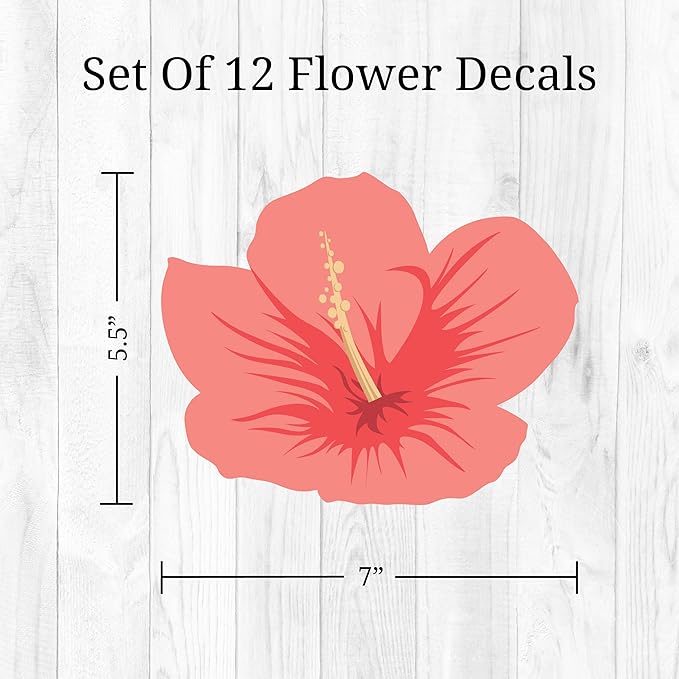 Decalcomania Hibiscus Flower Wall Decals - Set of 12 Pink Tropical Wall Stickers for Nursery Bedroom Bathroom Living Room Decor Removable Peel and Stick Indoor Wall Decor