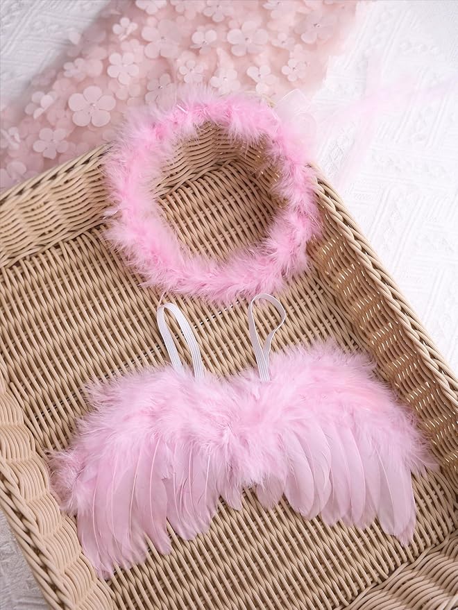 Holibeat 0-6M Newborn Baby Angel Wings with Feathers Newborn Photography Posing Props with a Headband (pink1)