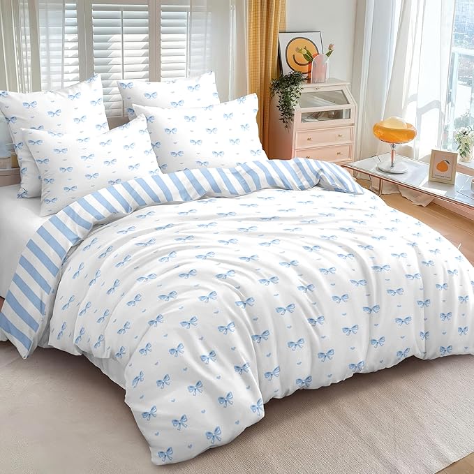 Bow Duvet Cover Queen Size Blue Striped On White Bedding Set 3 Pieces Cute Heart Printed Stripe Reversible Princess Style Soft Breathable Microfiber Duvet Cover Set with Zipper Closure