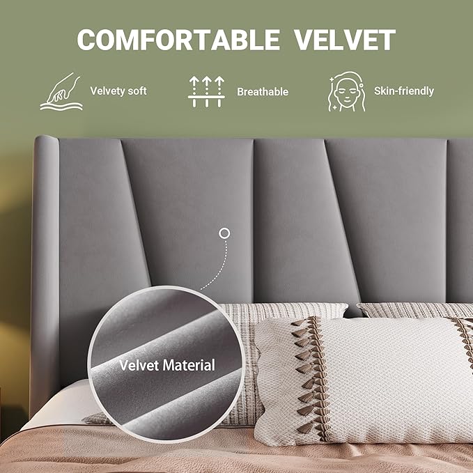 Allewie Queen Size Platform Velvet Bed Frame with Geometric Wingback Headboard, Boho Upholstered Bed with Wooden Slats Support, No Box Spring Needed, Easy Assembly, Light Grey