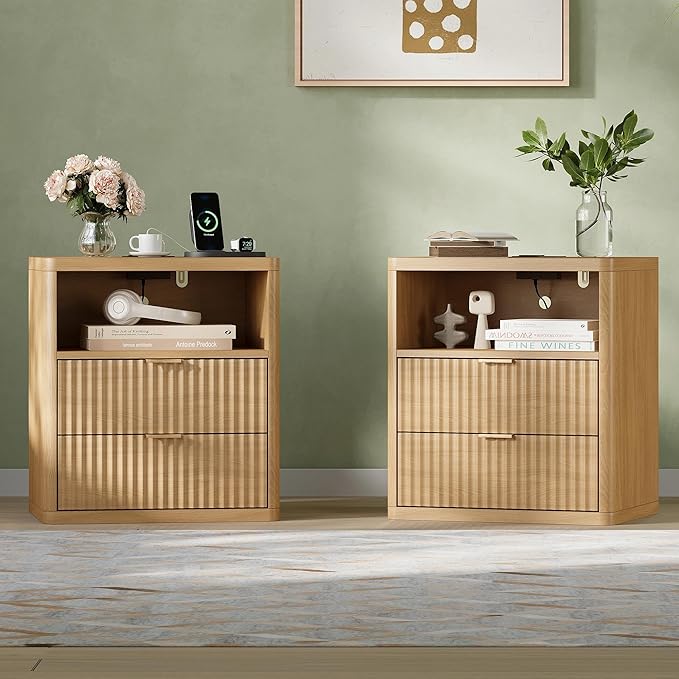 Fluted Nightstand Set of 2 with Charging Station, 21.7" Wide Modern Night Stand with 2 Drawers Open Storage Cabinet, Wooden Bedside End Table for Bedroom, Natural Oak