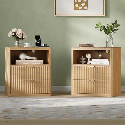 Fluted Nightstand Set of 2 with Charging Station, 21.7" Wide Modern Night Stand with 2 Drawers Open Storage Cabinet, Wooden Bedside End Table for Bedroom, Natural Oak