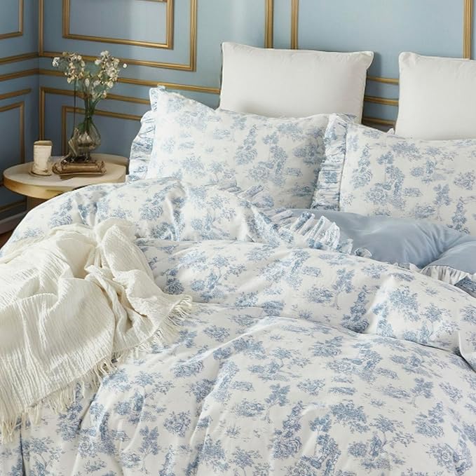 Brandream French Country Toile Queen Duvet Cover Set for Girl Women Bedroom Vintage Blue Toile Floral Print 100% Cotton Duvet Quilt Comforter Cover Pillow Shams Set with Delicate Ruffle Fringe