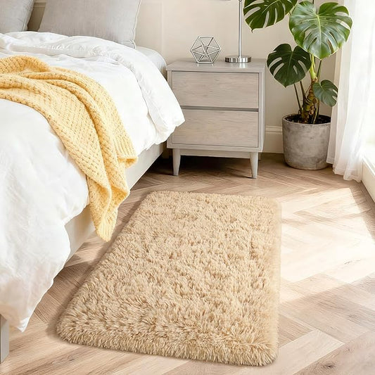 Merelax Modern Soft Fluffy Small Shaggy Rug for Bedroom Livingroom, Soft Non-Slip Kids Room Entryway Throw Rugs, Plush Furry Fur Area Rugs Comfy Nursery Accent Floor Carpet 2x3 Feet, Beige
