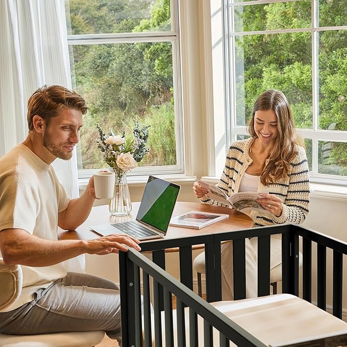 MAMAZING EvoNook 6-in-1 Convertible Mini Crib, 100% New Zealand Pinewood, 4 Adjustable Mattress Heights,GREENGUARD Gold Certified, Black with Matttress