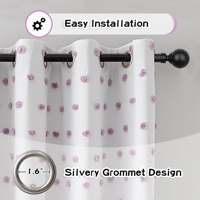 MYSKY HOME 100% Blackout Curtains for Nursery Thermal Insulated Purple Pom Pom Curtains 72 Inch Long for Girls Bedroom 2 Panels White Sheer Curtains for Kitchen Dining Room Door Grommet, 52 x 72 in