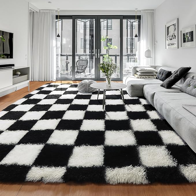 KICMOR 7x9 Area Rug for Living Room Bedroom, Large Black and White Checkered Fuzzy Fluffy Shag Shaggy Carpet, Indoor Plush Soft Big Rugs for Kids Boys Girls Teen Dorm Nursery Home Decor Aesthetic