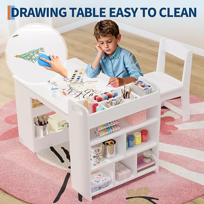 Kids Art Table and 2 Chairs, Craft Table with Large Storage Shelves,Toddler Wooden Drawing Desk Activity & Crafts Children's Wooden Furniture for Classroom Daycares,Home