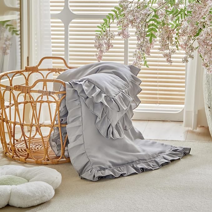 Ruffled Toddler Blanket Ruffle Comforter for Baby Toddler Girls, Soft Cozy Cute Quilted Blanket Breathable Microfiber Comfortable Down Alternative Small Size Quilt with Ruffle - 43"x 60" Gray