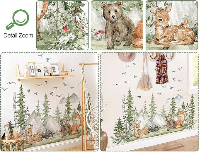 Large Jungle Animals Wall Decals Forest Tree Wall Decal Peel and Stick Woodland Bear Fox Deer Wall Stickers Giant Mountain Art for Bedroom Nursery Room MS230