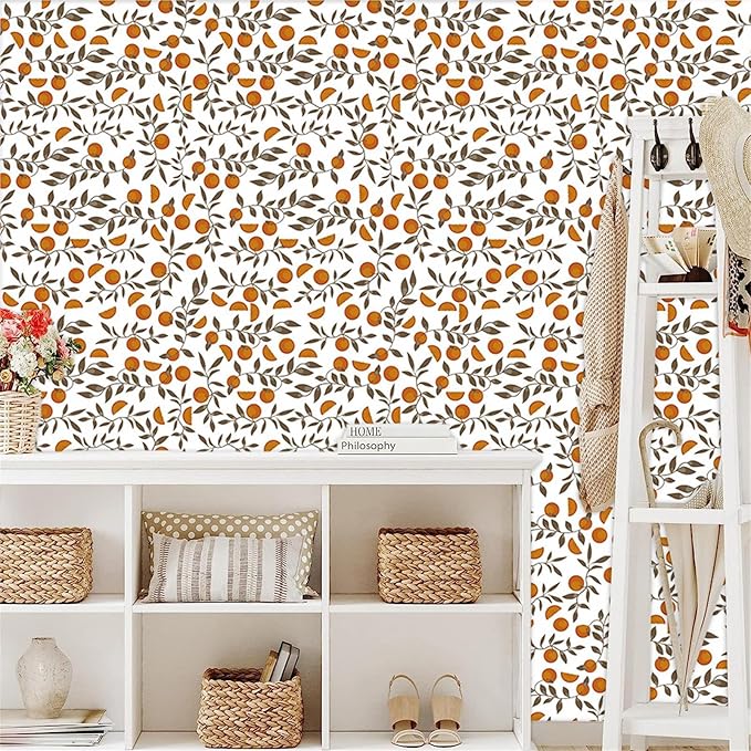 Orange Leaf Wallpaper Boho Wall Paper Orange Leaves Wall Stickers Removable Fruit Leaf Decals Peel and Stick Boho Fruit Leaves Wall Decals for Bedroom Living Room Kitchen Decor