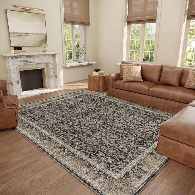 Washable 8x10 Area Rugs for Living Room, Boho Non-Slip Vintage Distress Large Rugs for Bedroom Dining Room Nursery Office, 0.3" Neutral Oriental Throw Thin Carpet, Black/Brown/Blue/Multi