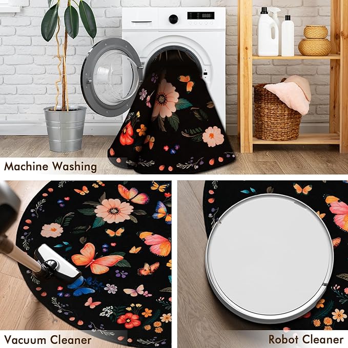 4' Machine Washable Round Area Rug, Non-Slip Vintage Floral Circle Floor Rugs for Kids, Low Pile Room Carpet for Living Room, Bedroom, Dining Room & Nursery(4' Black Floral)