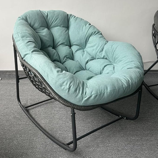 Oversized Outdoor Papasan Rocking Chair with Soft Cushion, Comfy Patio Egg Chair, Wicker Lounge Rocker for Balcony/Porch/Garden, Reinforced All Weather Rattan Frame, 330 lbs Support, Mint Green