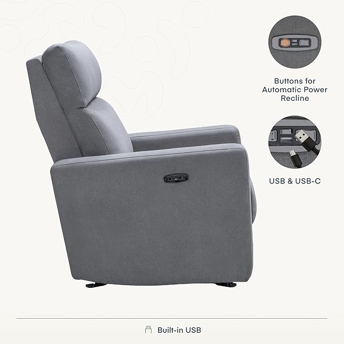 Nurture& The Glider Premium Power Recliner Nursery Glider Chair with Adjustable Head Support | Designed with a Thoughtful Combination of Function and Comfort | Built-in USB Charger (Gray)