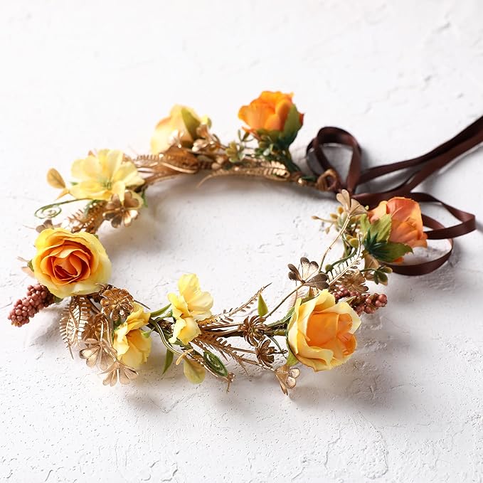 Fairy Rose Flower Crown - Golden Leaves Autumn Yellow Flower Headband Fashion Boho Bridal Floral Headpiece Women Girls Vacation Party Festival Photo Prop