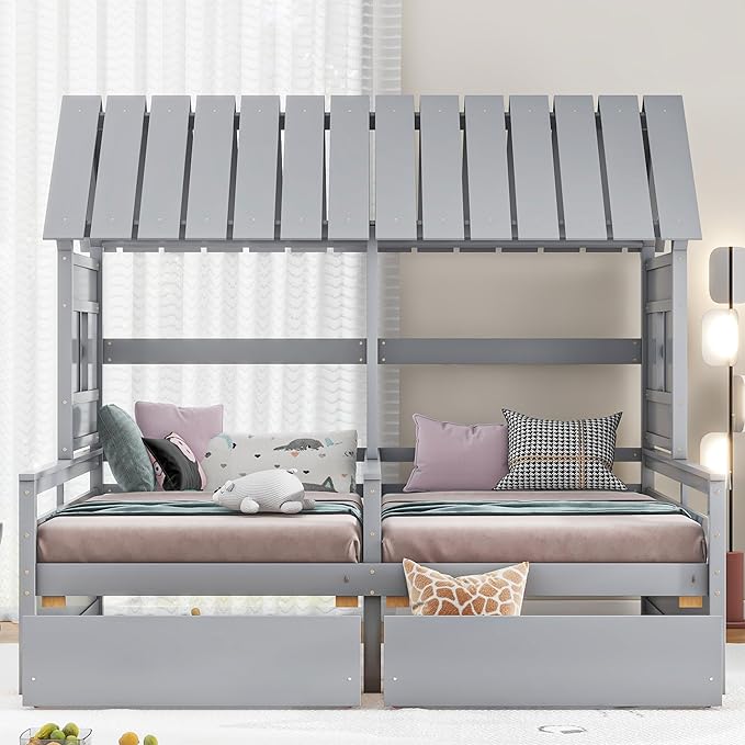 Harper & Bright Designs Twin Size House Platform Beds with Two Drawers for Boy and Girl Shared Beds, Combination of 2 Side by Side Twin Size Beds, Gray