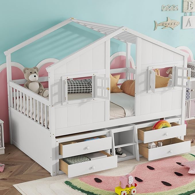 Harper & Bright Designs Full Size House Loft Bed with 4 Storage Drawers, Low House Montessori Bed with Roof and Windows, Safety Guardrails for Kids, Girls, Boys, White