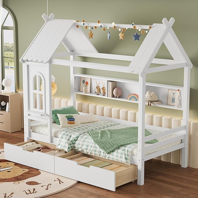 MERITLINE Twin Size House Bed with Storage Drawers & Window, Solid Wood Platform Bed Frame with Shelves, No Spring Box Needed, Childlike Design for Kids, Girls, Boys, Light White